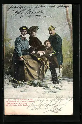 AK Dienstbote und Polizist tragen einen Betrunkenen nach Hause