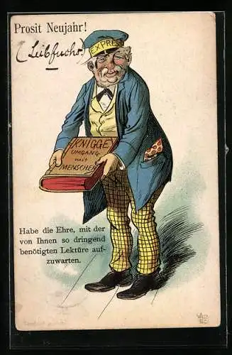 Künstler-AK Habe die Ehre, mit der von Ihnen so dringend benötigten Lektüre aufzuwarten., Express-Bote mit Kniggebuch