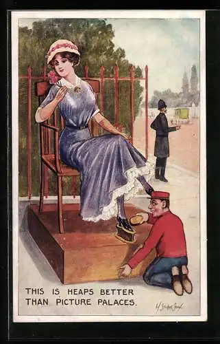 Künstler-AK This is heaps better than pircture palaces, Schuhputzer putzt einer Dame den Schuh