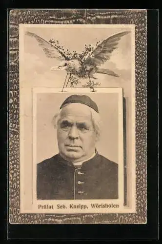 AK Wörishofen, Portrait Prälat Seb. Kneipp von einer weissen Taube gehalten
