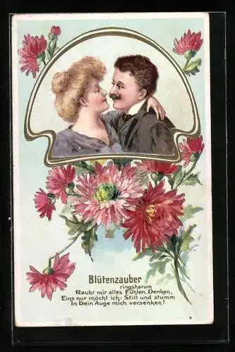 Präge-AK Blütenzauber mit Liebespaar im Jugendstil