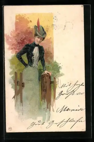 AK Elegant gekleidete Dame mit Federhut im Jugendstil