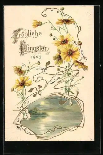 Lithographie Landschaftsbild mit gelben Blumenranken und Pfingstgruss im Jugendstil