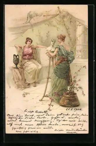 Lithographie Antike Bildhauerin mit Modell im Jugendstil