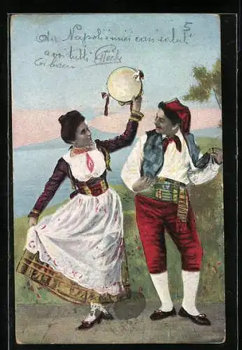 AK Italienisches Paar in Tracht beim Tanzen und Musizieren