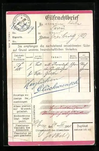 AK Eilfrachtbrief für 100 Küsse, Postgeschichte