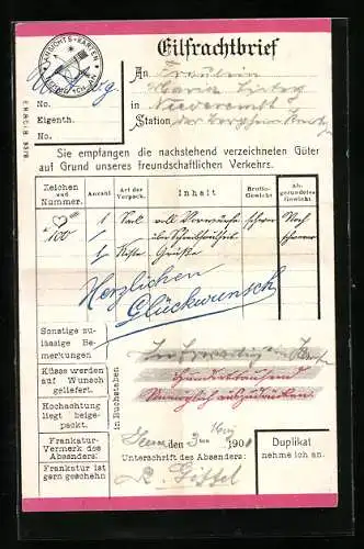 AK Eilfrachtbrief mit Tabelle, Schreibfaul