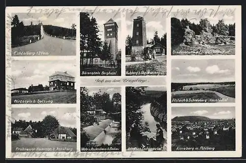 AK Frohnauer Hammer, Bärenstein Berghotel, Grafensteine beim Ehrenfriedhof, Fichtelberg, Wehr am Rechenhaus b. Bockau