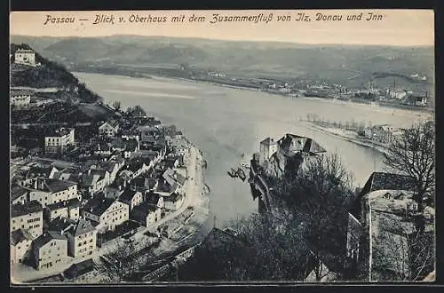 AK Passau, Teilansicht mit Ilz, Donau u. Inn v. Oberhaus aus