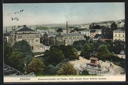 AK Elberfeld, Brausenwerterplatz mit Theater, Badeanstalt, Reiterdenkmal