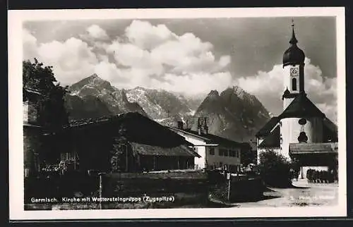 AK Garmisch, Kirche mit Wettersteingruppe