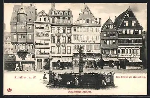 AK Alt-Frankfurt, am Römerberg, Gerechtigkeitsbrunnen, Samen-Handlung