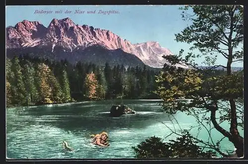 AK Badersee, Teilansicht mit der Nixe und Zugspitze