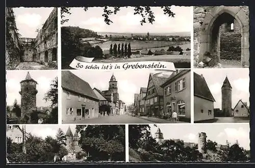 AK Grebenstein, Strassenpartie mit Spar-Geschäft und Bäckerei, Turm, Ruine