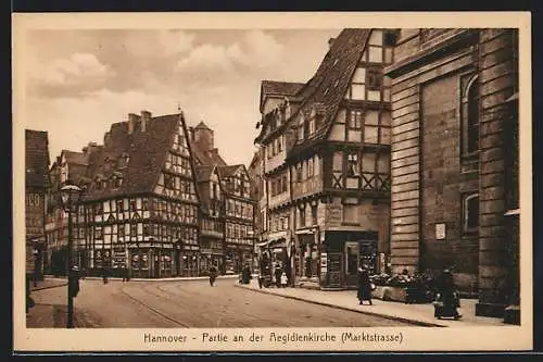 AK Hannover, Marktstrasse an der Aegidienkirche mit Geschäften