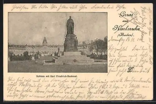 AK Karlsruhe /Baden, Schloss mit Karl Friedrich-Denkmal