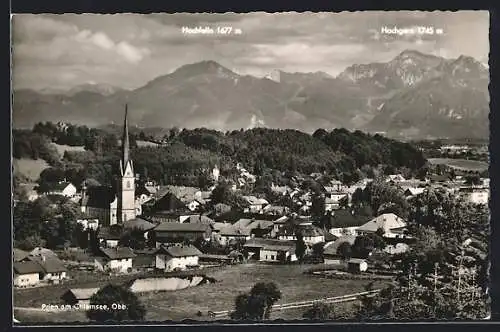 AK Prien am Chiemsee, Teilansicht mit Kirche, Hochfelln und Hochgern