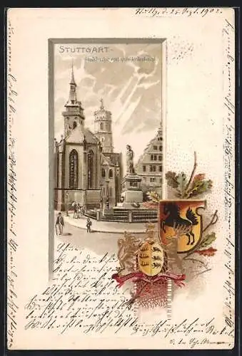 Passepartout-Lithographie Stuttgart, Stadtkirche mit Schillerdenkmal