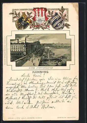 Passepartout-Lithographie Hamburg-Neustadt, Alter Jungfernstieg, Wappen