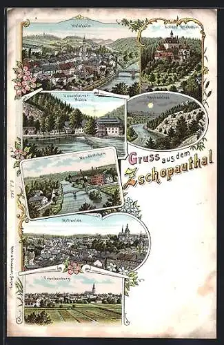 Lithographie Waldheim /Zschopauthal, Neudörfchen, Mittweida, Lauenhainer-Mühle