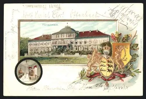 Passepartout-Lithographie Stuttgart, Hohenheim, Franziska-Zimmer, Eichenlaub und Wappen