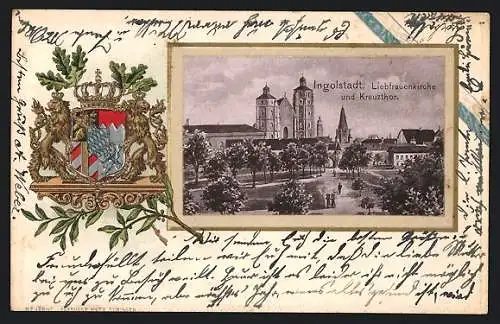 Passepartout-Lithographie Ingolstadt, Liebfrauenkirche und Kreuzthor, Wappen