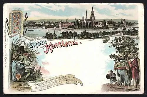 Lithographie Konstanz, Ortsansicht mit Kirche, Singende Frösche u. Vögel