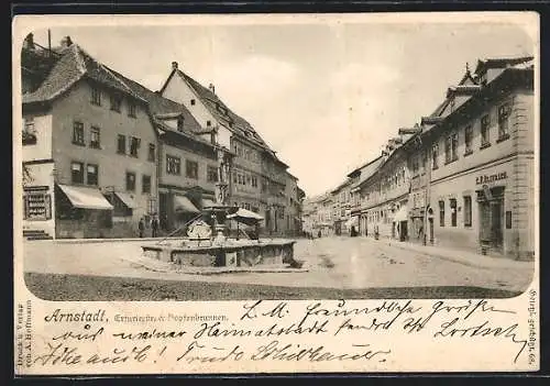AK Arnstadt, Erfurterstrasse mit Geschäften & Hopfenbrunnen
