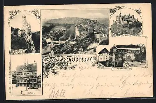 AK Tübingen, Rathaus, Schlosstor und Hohenzollern