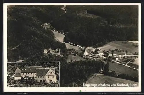 AK Karlstal / Pfalz, Flugzeugaufnahme der Ortschaft, Gasthof Klug`sche Mühle