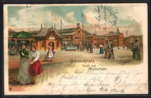 Lithographie München, Bahnhofplatz mit Strassenbahn