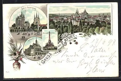 Lithographie Erfurt, Dom und Severinkirche, Rathaus, Monumental-Brunnen