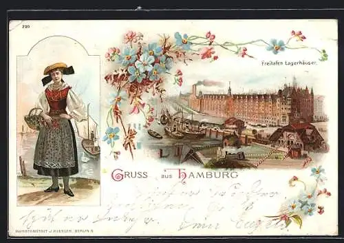 Lithographie Hamburg, Lagerhäuser am Freihafen, Hanseatin