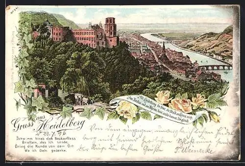 Lithographie Heidelberg, Ortsansicht von der Burg aus