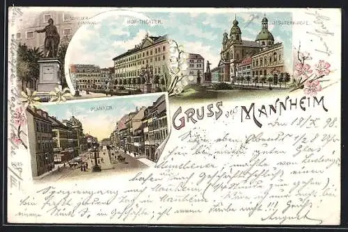 Lithographie Mannheim, Hof-Theater, Planken, Jesuitenkirche