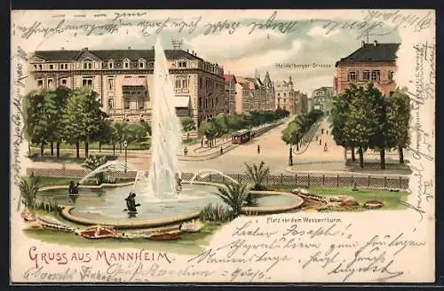 Lithographie Mannheim, Platz vor dem Wassterturm und Heidelberger Strasse