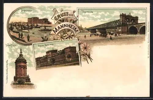 Lithographie Mannheim, Schloss, Wasserturm, Rheinbrücke, Stempel Private Stadtpost Mannheim