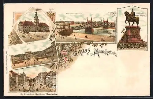 Lithographie Mannheim, Rathaus, Schloss, Denkmal Kaiser Wilhelm I.
