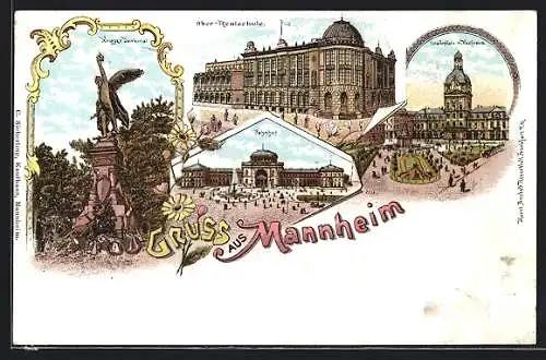 Lithographie Mannheim, Paradeplatz mit Kaufhaus, Bahnhof, Kriegerdenkmal