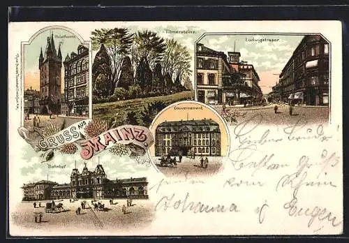 Lithographie Mainz, Holzturm, Römersteine, Ludwigstrasse, Bahnhof