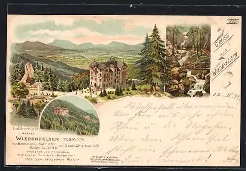 Lithographie Wiedenfelsen, Kurhotel Wiedenfelsen, Wasserfall mit Holzbrücken