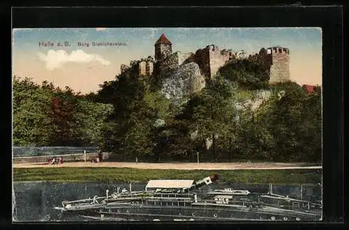 AK Halle a. S., Burg Giebichenstein und Dampfer