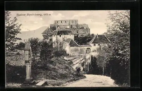 AK Ruine Rechberg, Ansicht von der Strasse mit Brücke und Bildstock