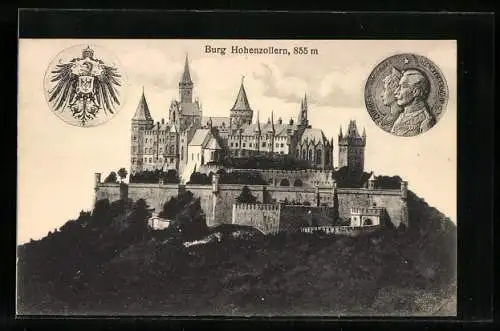 AK Burg Hohenzollern, Gesamtansicht, Deutsches Wappen und Portraitmünze mit Kaiserpaar