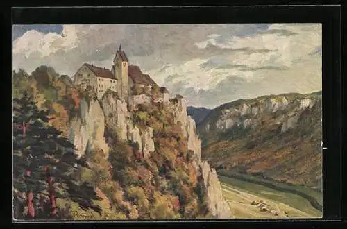 Künstler-AK Schloss Werrenwag /Schwäbische Alb, Ansicht im Herbst
