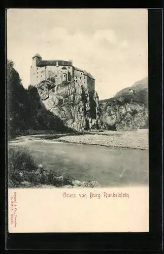 AK Bozen / Bolzano, Blick vom Fluss zur Burg Runkelstein