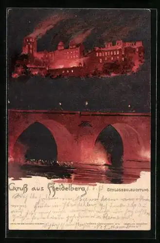 Künstler-AK Heidelberg, Schloss und Brücke bei Beleuchtung
