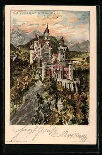 Künstler-AK Kgl. Schloss Neuschwanstein, Gesamtansicht aus der Vogelschau