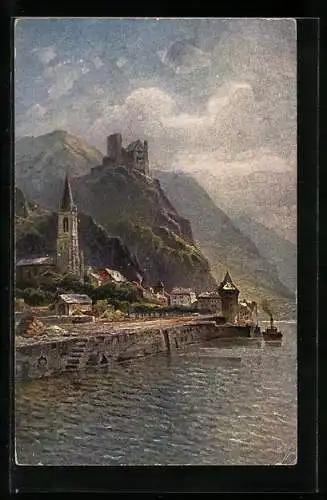 Künstler-AK St. Goarshausen, Blick auf die Burg Katz