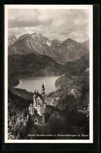 AK Hohenschwangau, Schloss Neuschwanstein, Gesamtansicht mit Ort und Alpsee aus der Vogelschau
